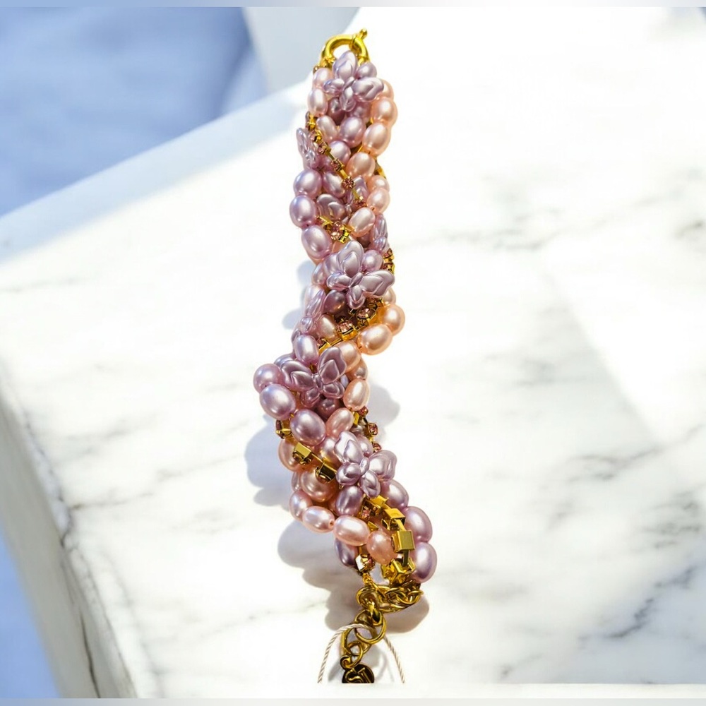 Sassy Jones Braided Butterfly Pink and Purple Faux Pearl Bracelet - Picture 2 of 5
